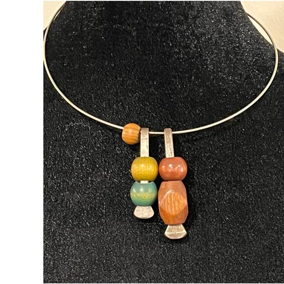 Vintage MUSTAD Modernist Choker Necklace Wood Beads Silver Tone Collar Norway - Picture 1 of 4